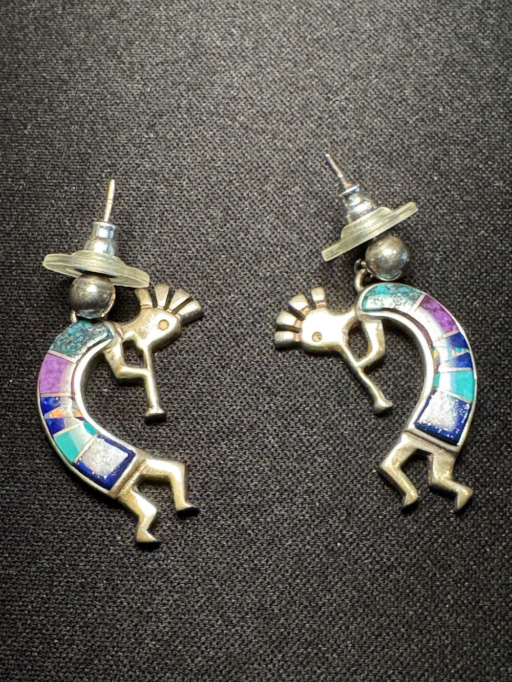 Sterling Navajo Kokopelli Earrings Signed by Artist Turquoise, Opal, Lapis